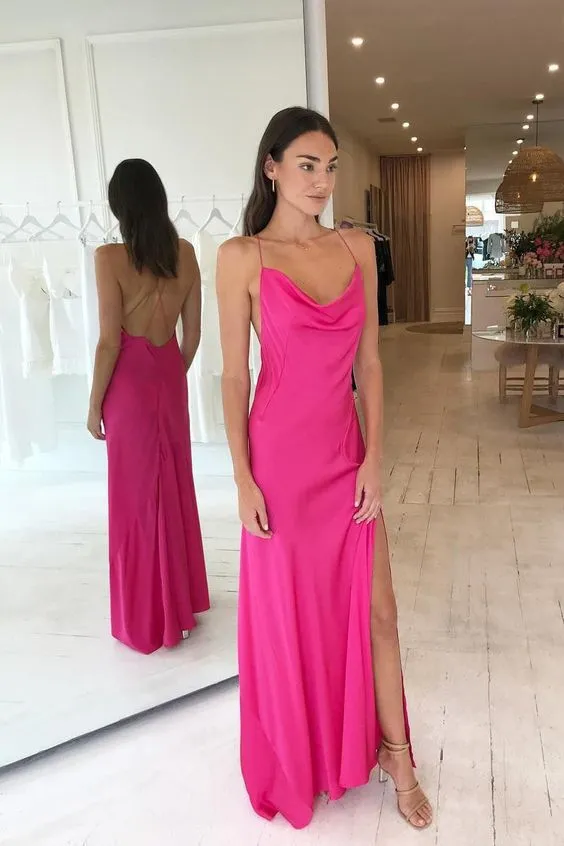Diynav Hot Pink Criss Cross Long Evening Dresses Silk Satin Prom Dress With Slit HZ1017