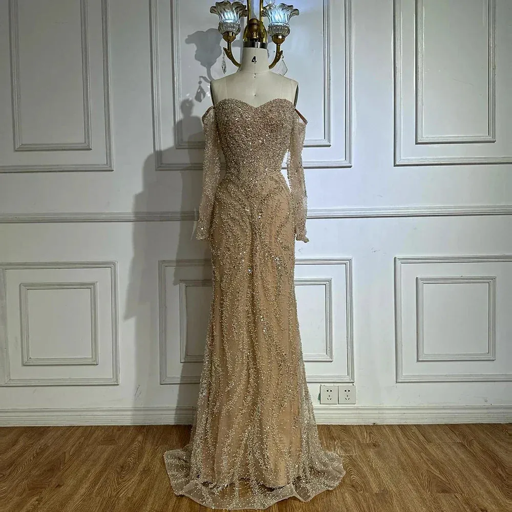 Diynav Beaded Evening Dresses Gowns with Off-Shoulder Long Sleeves and Sparkling Sequins HZ1017
