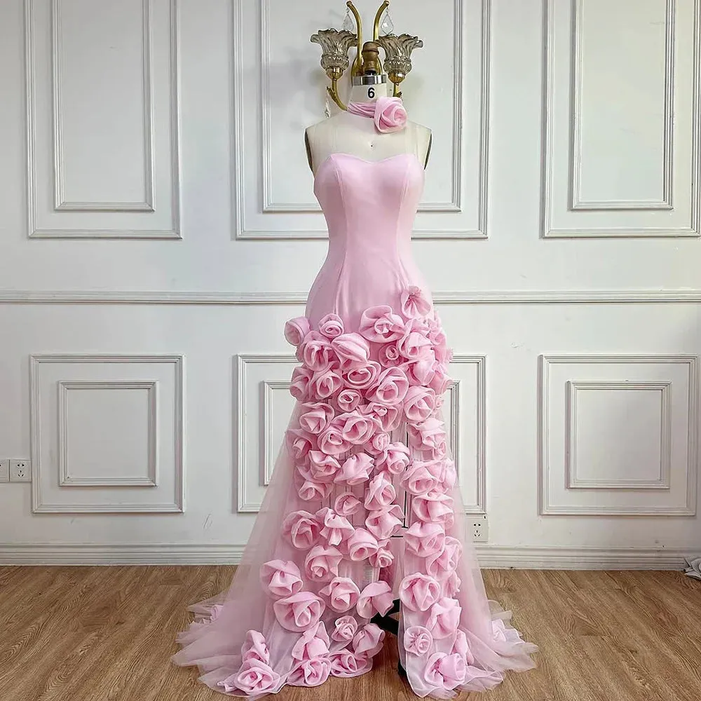 Diynav Evening Dress for Girls Arabic Pink 3D Flowers Elegant Srapless Dress Side Split Prom Party Gowns HZ1017 - Image 8