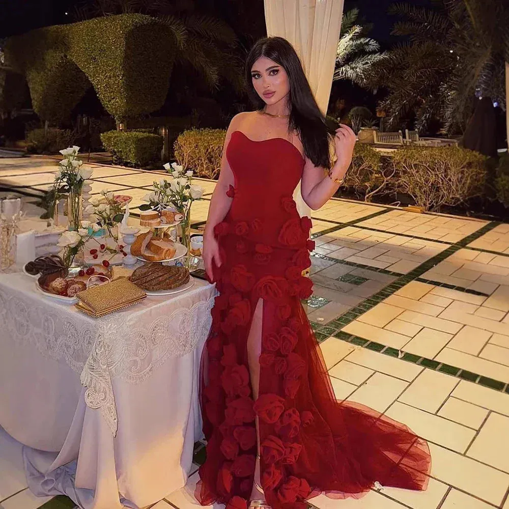 Diynav Evening Dress for Girls Arabic Pink 3D Flowers Elegant Srapless Dress Side Split Prom Party Gowns HZ1017