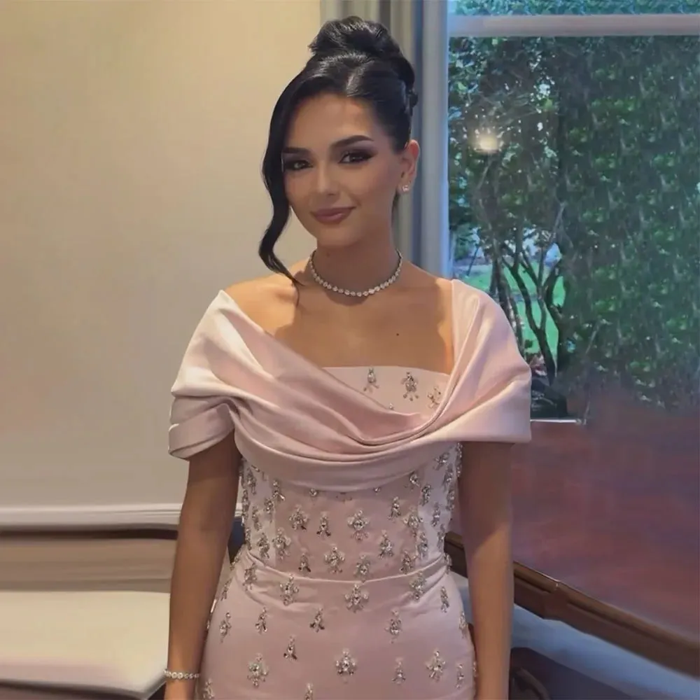 Diynav Baby Pink Off Shoulder Evening Dress for Women Party HZ1017