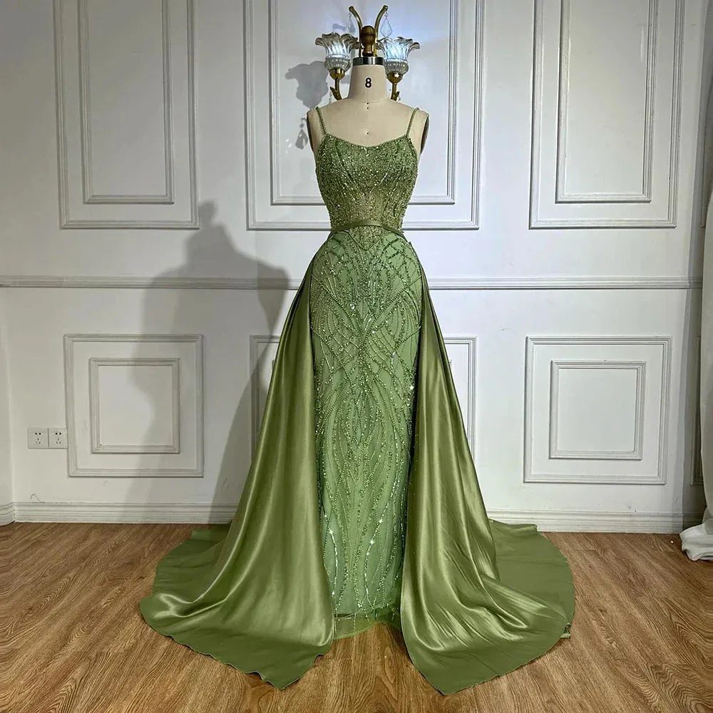Diynav designer Sage Green Beaded Evening Dresses with Overskirt HZ1017