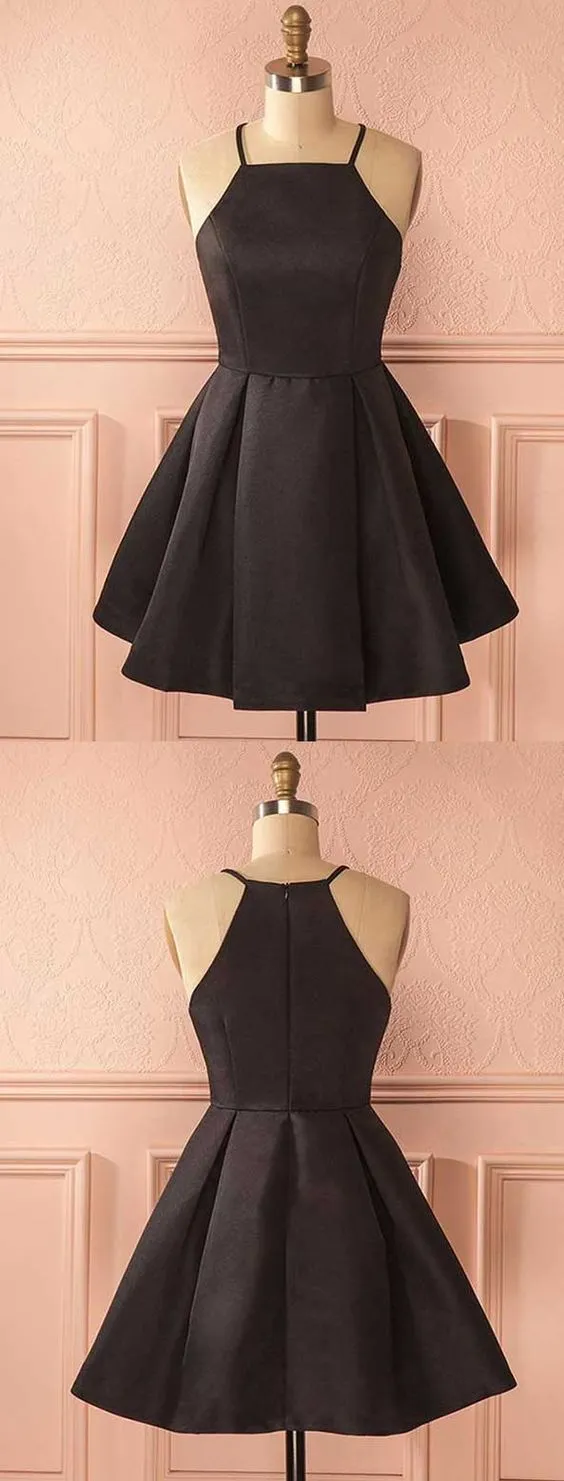 Diynav Square Neck Short Satin Black Homecoming Dress with Pleats HZ1017