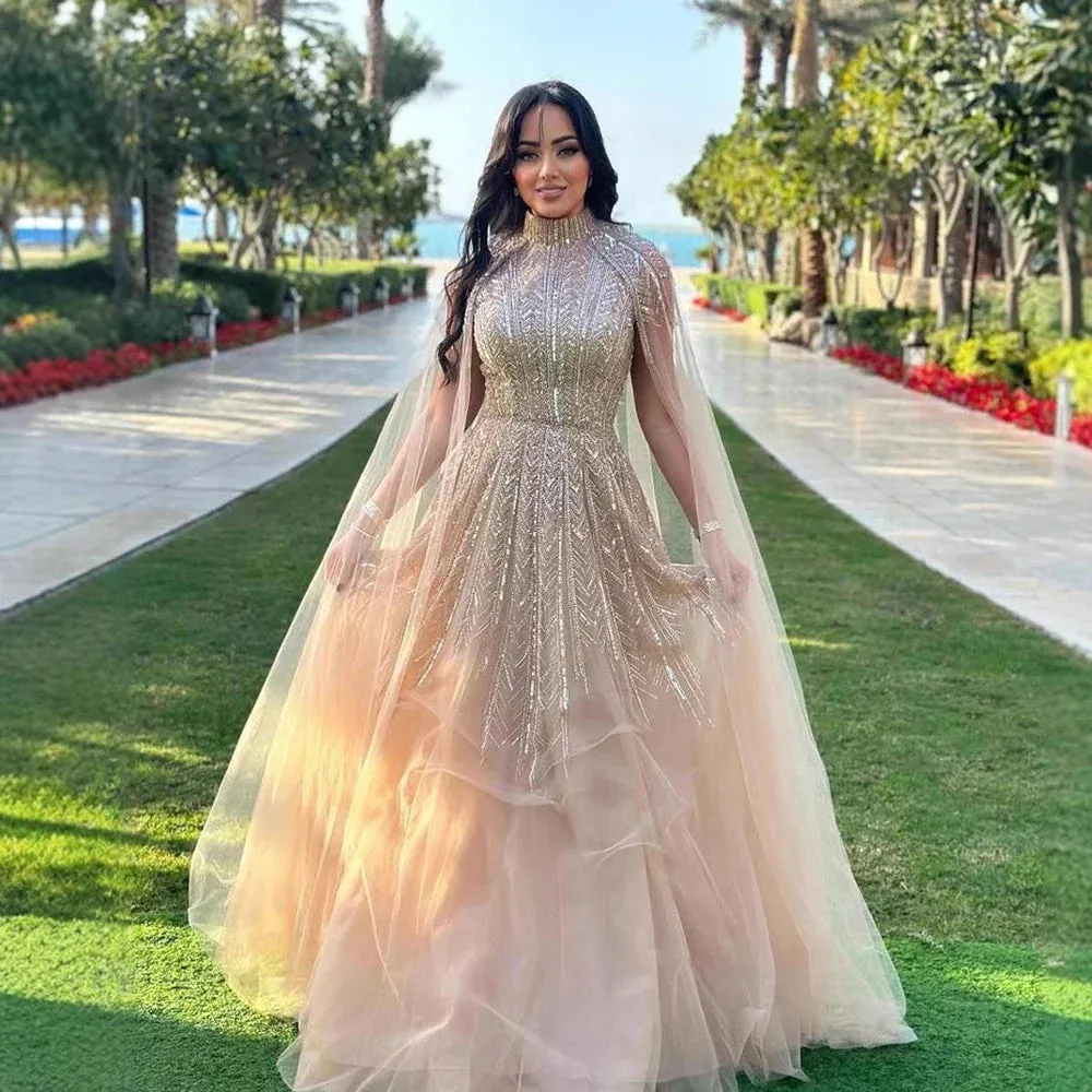 Diynav Beaded A-Line Evening Dress Gown with Cape Sleeves HZ1017