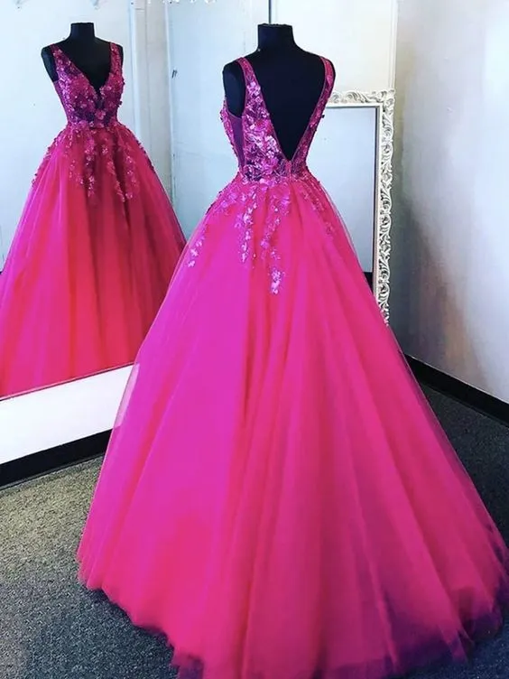 Diynav Neck Hot Pink Tulle Lace Prom Dresses Backless Hot Pink Floral Formal Evening Dresses HZ1017