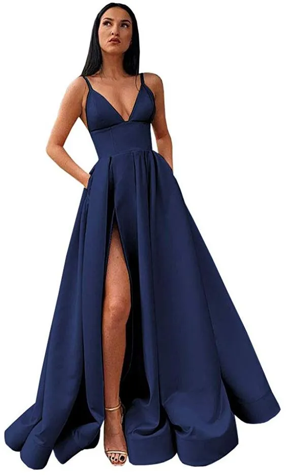 Diynav Slit Satin Long Prom Dress Spaghetti Strap Evening Ball Gown with Pockets HZ1017