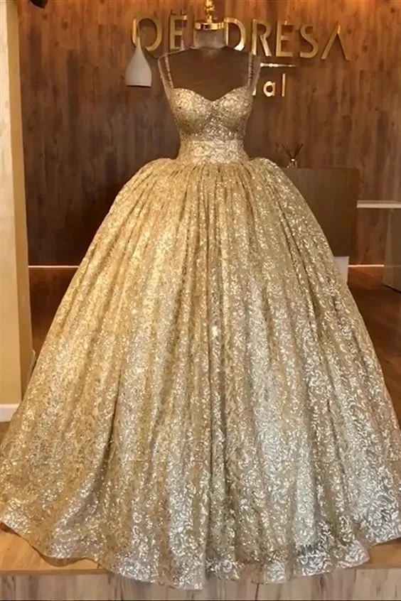 Diynav Straps Gold Evening Dress | Luxury Ball Gown Princess Prom Dress HZ1017