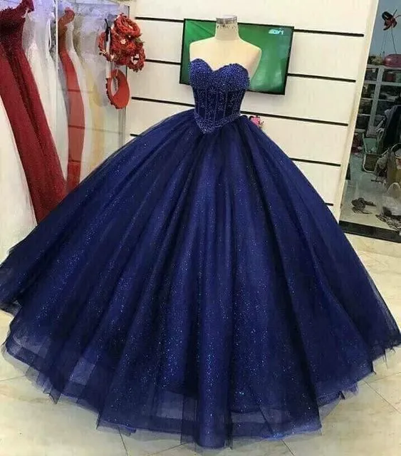 Diynav Beading Sweetheart neck Tulle Prom Dresses Blue Ball Gown HZ1017
