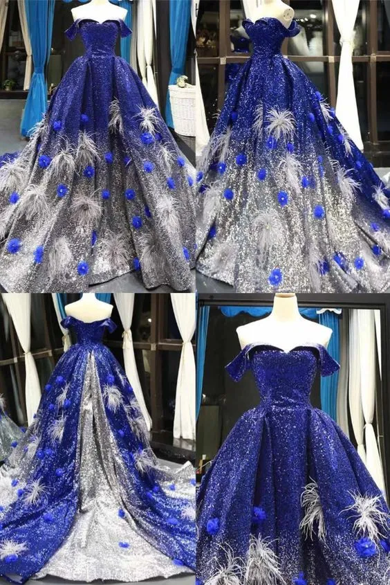 Diynav Blue Off Shoulder Prom Dresses Ball Gown Sequined Plus Size Formal Gown HZ1017