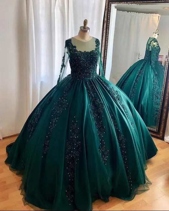 Diynav Green Ball Gown Prom Dresses Long sleeves HZ1017