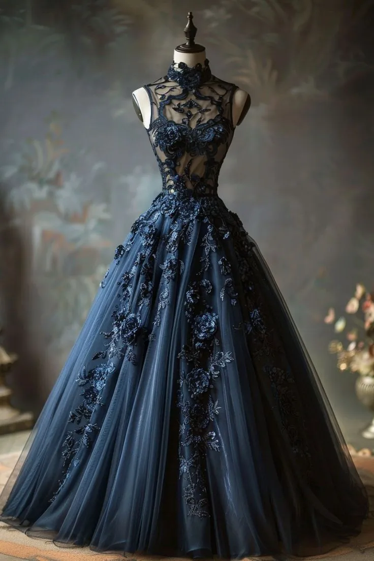 Diynav High Neck Tulle Lace Appliques Ball Gown,Navy Blue Birthday Prom Dress Quinceanera Dress HZ1017