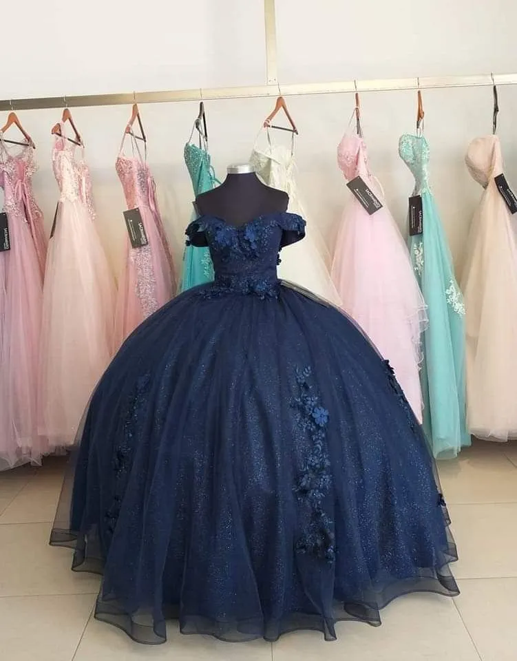 Diynav Blue Off The Shoulder Sparkly Ball Gown,Princess Dress HZ1017