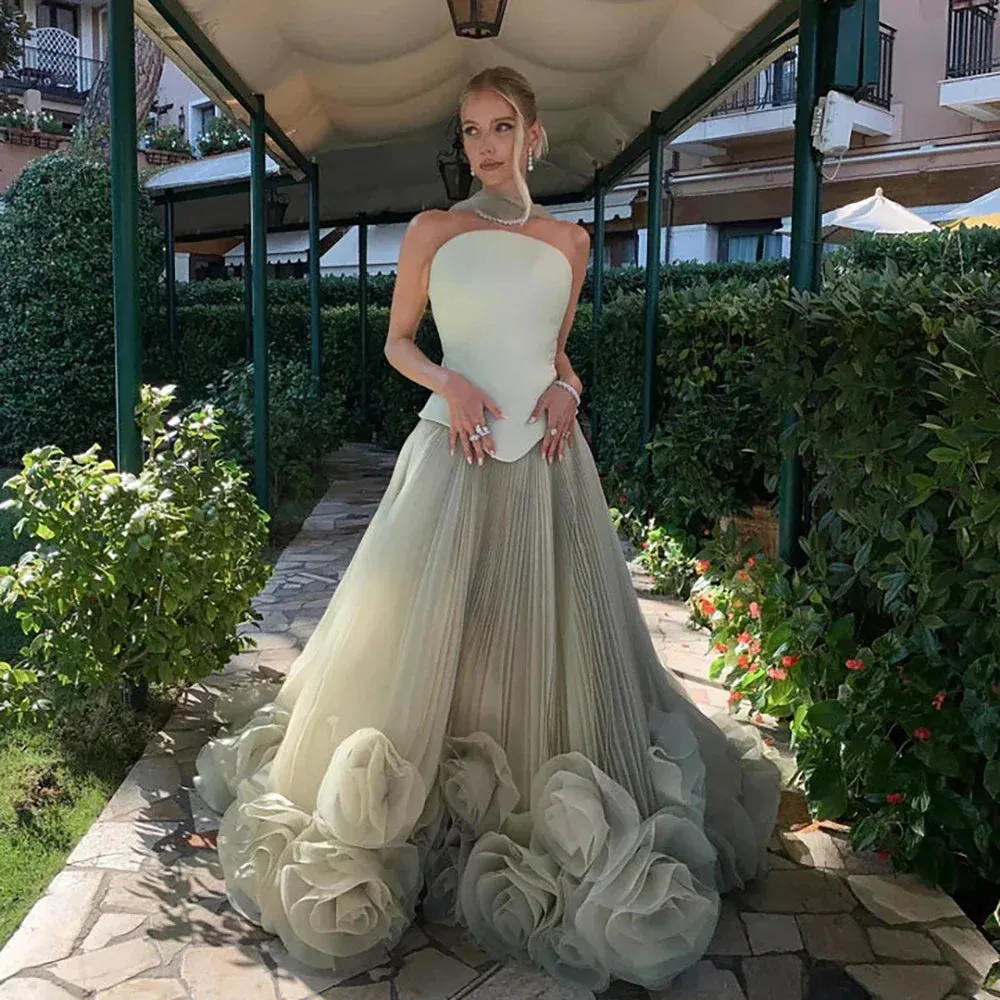 Diynav Sage Green 3D Flowers A Line Evening Dresses Gowns HZ1017