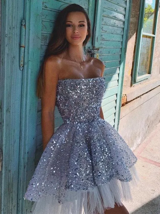 Diynav Sequin Tulle A-line Backless Homecoming Dress HZ1017