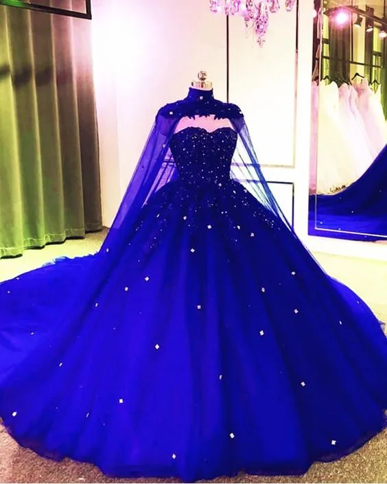 Diynav Blue Tulle Ball Gown Prom Dress With Cape HZ1017