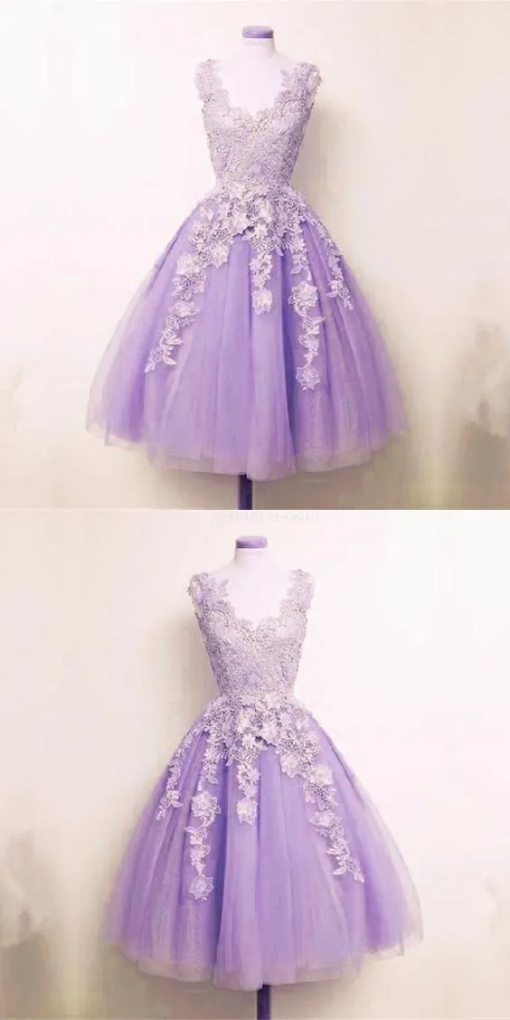 Diynav Appliques Homecoming Dress Lilac Tulle Lace Appliques A-line Short Homecoming Dress HZ1017