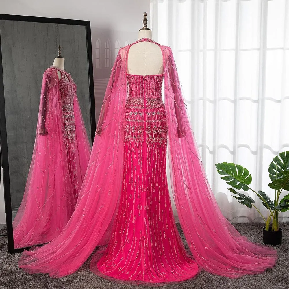Diynav Dubai Mermaid Fuchsia Evening Dresses with Cape Sleeves HZ1017 - Image 4