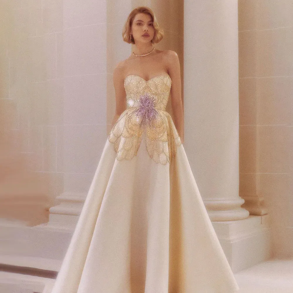 Diynav Beaded Butterfly Beige Evening Dresses for Women Wedding 2025 Elegant Sweetheart Satin Prom Party Gowns HZ1017