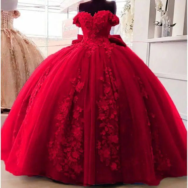Diynav Bow Floral Flower Lace Applique Quinceanera Dresses Off Shoulder Sweet 16 Dress Ball Gown HZ1017