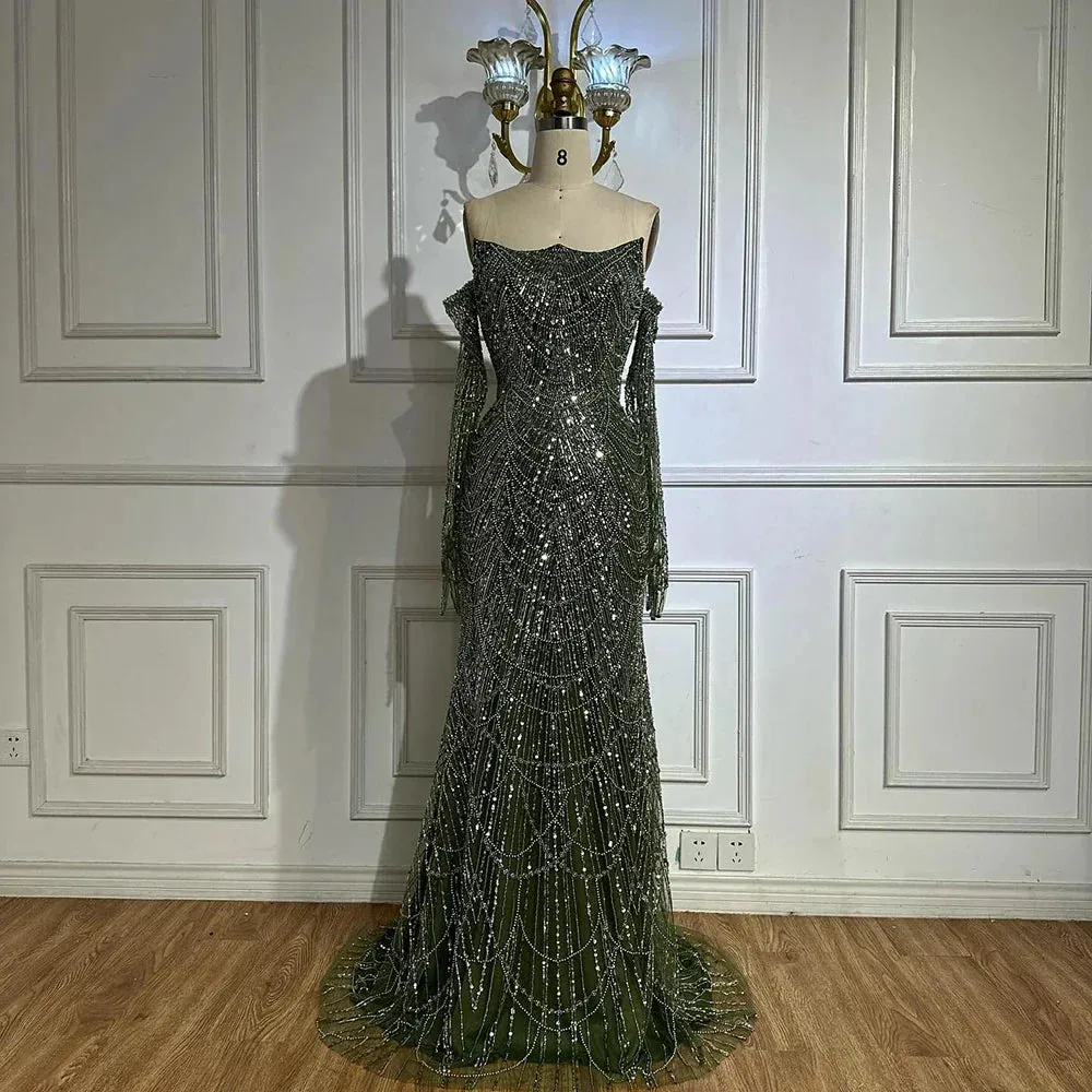Diynav Pearls Green Mermaid Evening Dress with Gloves LA72352 Plush HZ1017 - Image 9