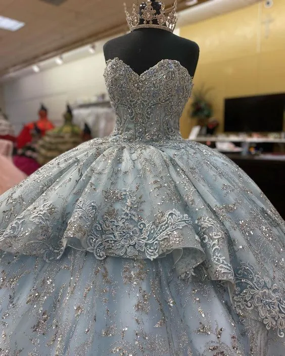Diynav Smoke Blue Flowers Quinceanera Dress Sleeveless Appliques Ball Gown Sweet 16 Dress HZ1017