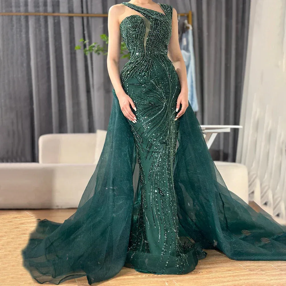 Diynav Nude Mermaid Green Evening Gown with Elegant One Shoulder Overskirt for Formal Occasion HZ1017 - Image 4