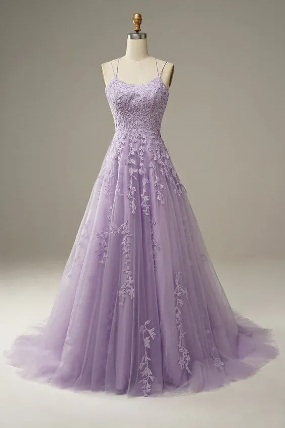 Diynav Lavender Prom Dresses,A line Evening Dress,Applique Party Gown HZ1017