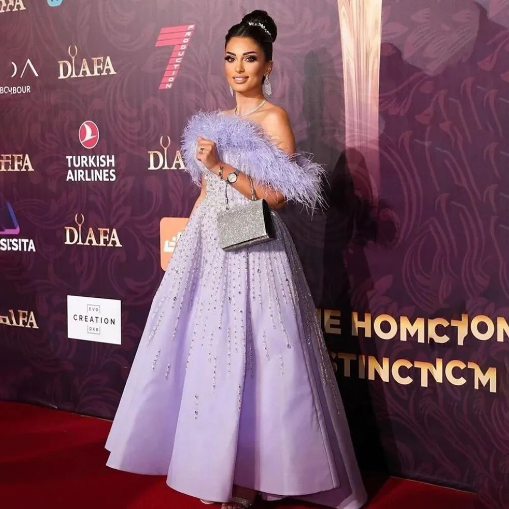 Diynav Off Shoulder A Line Feather Beaded Luxury Evening Dresses Gowns For Women Arabic Party 2025 HZ1017