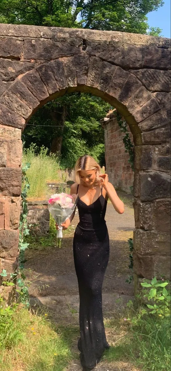 Diynav Black Spaghetti Strap Prom Dress,Black Evening Dress HZ1017