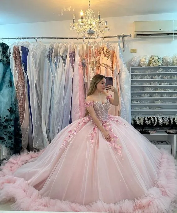 Diynav Puffy Quinceanera Dress Ball Gown,Pink Sweet 16 Dress HZ1017