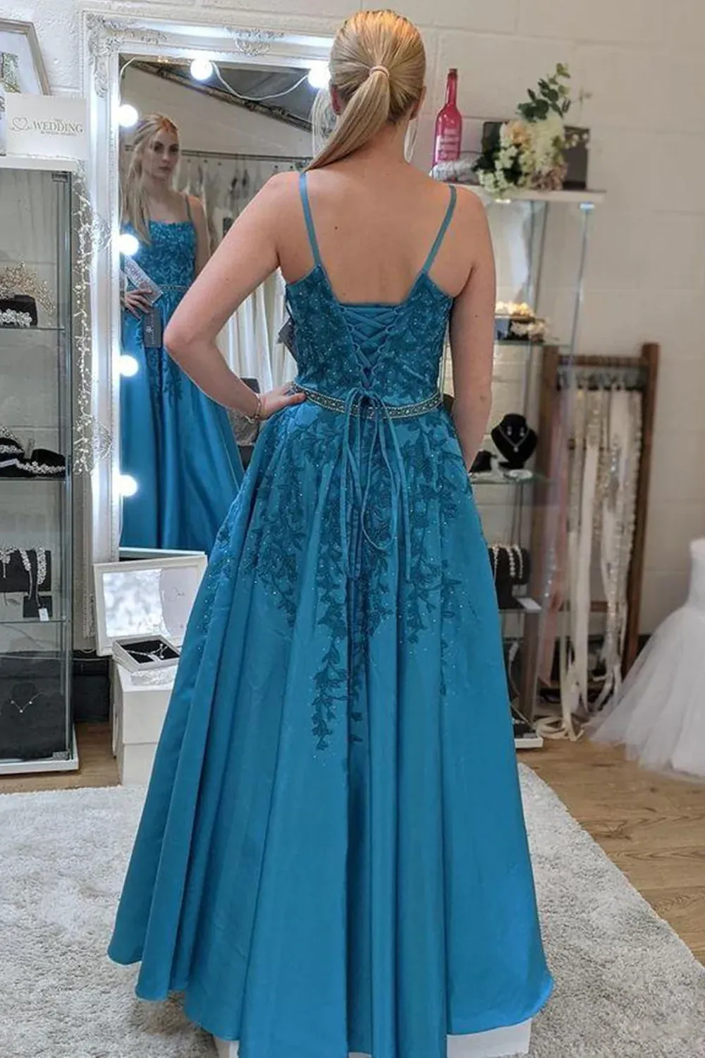 Diynav Line Open Back Blue Lace Long Prom Dresses with Belt, Blue Lace Formal Dresses, Blue Evening Dresses HZ1017 - Image 2