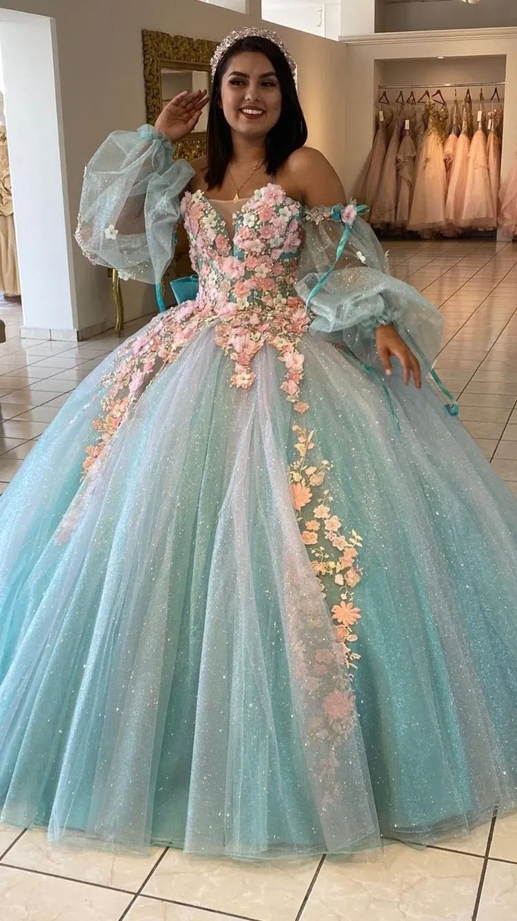 Diynav Blue Quinceanera Dress with 3D Flowers Chic Ball Gown HZ1017