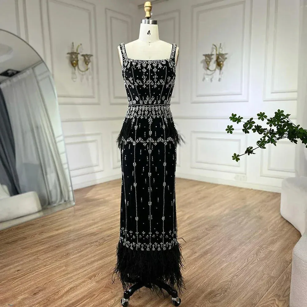 Diynav Mermaid Ankle Length Beaded Evening Dress Gown with Feathers HZ1017 - Image 9