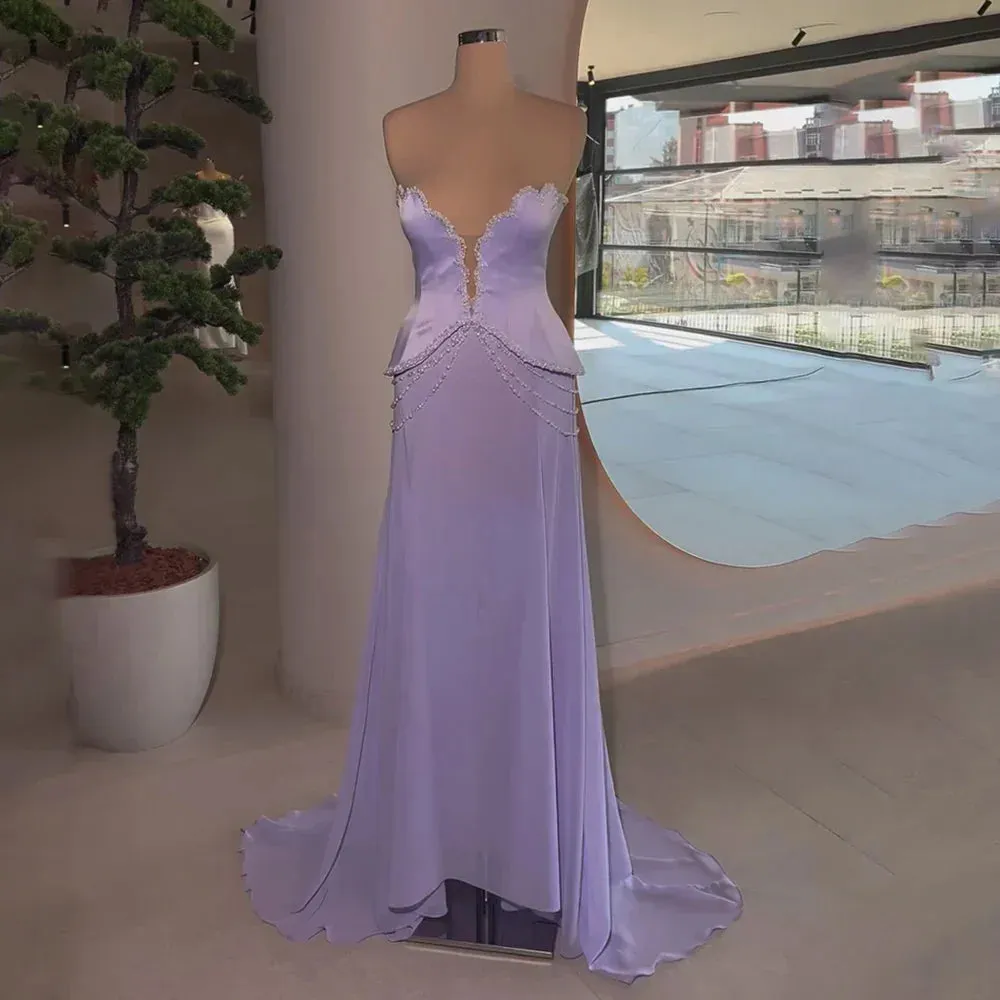 Diynav Arabic Lilac Beaded Strapless Mermaid Satin Evening Dresses Gowns for Formal Occasion HZ1017 - Image 6