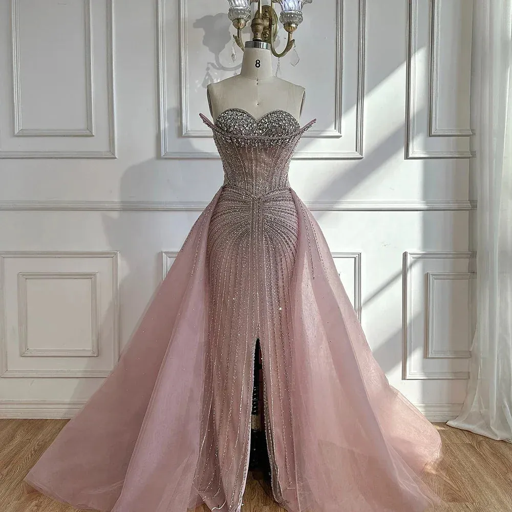 Diynav Nude Beaded Mermaid Evening Dresses Gowns with Overskirt for Formal Occasion HZ1017