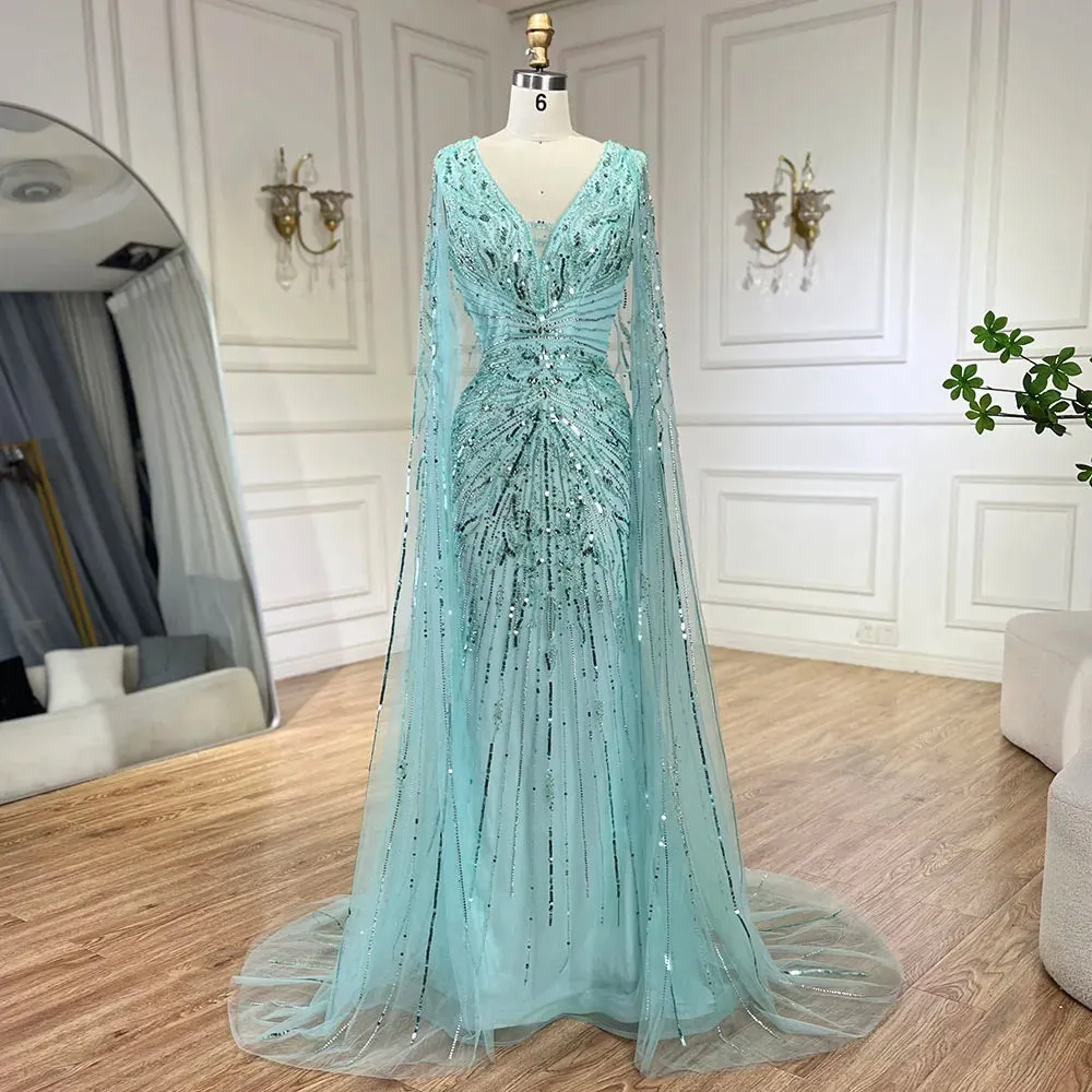 Diynav Dubai Turquoise Mermaid Evening Dresses with Cape V-Neck HZ1017 - Image 9