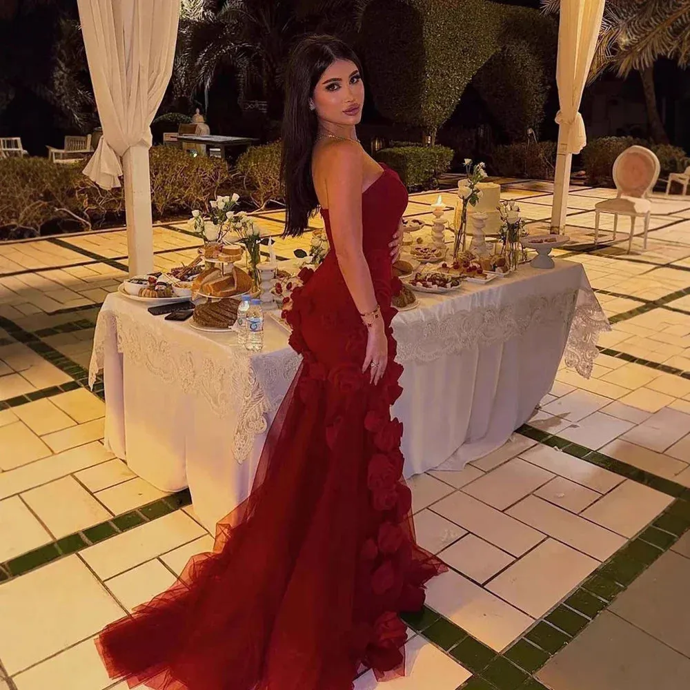 Diynav Evening Dress for Girls Arabic Pink 3D Flowers Elegant Srapless Dress Side Split Prom Party Gowns HZ1017 - Image 2