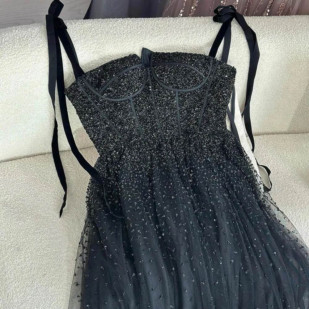 Diynav Saudi Wine Red Beaded Evening Gown Spaghetti Strap Floor-Length for Formal Occasion HZ1017 - Image 5