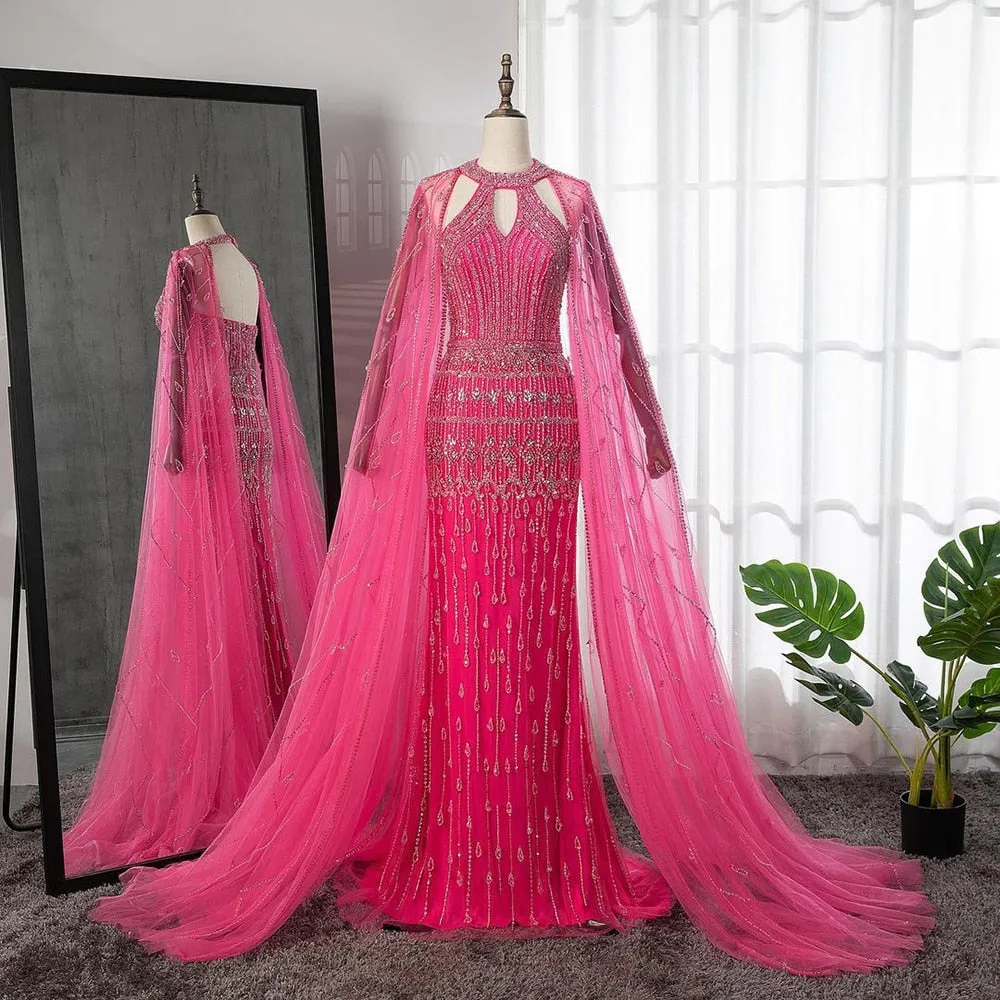 Diynav Dubai Mermaid Fuchsia Evening Dresses with Cape Sleeves HZ1017 - Image 3