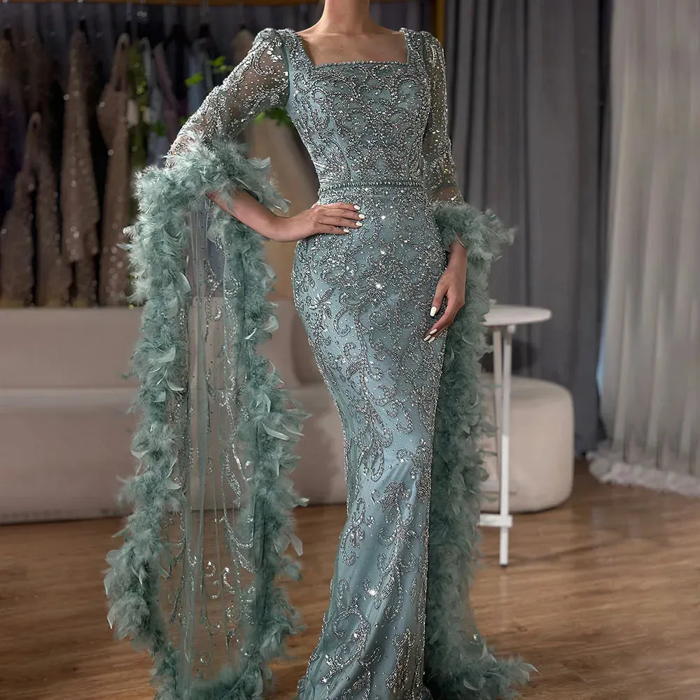 Diynav Sleeves Mermaid Turquoise Beaded Feather Luxury Evening Dresses Gowns for Formal Occasion 2025 HZ1017