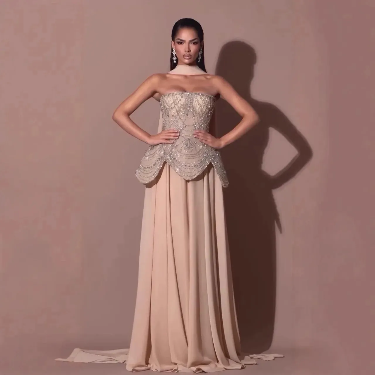 Diynav Designer Nude Beaded Evening Dresses Gowns HZ1017