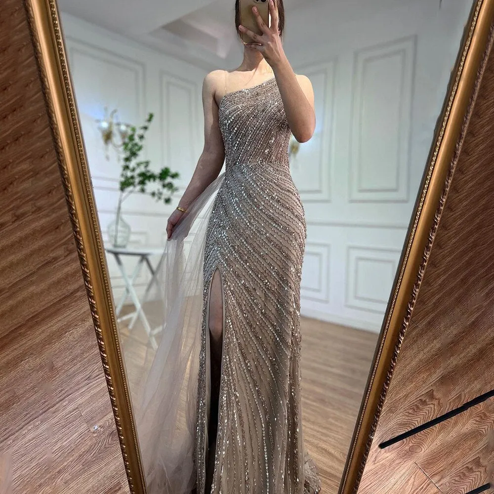 Diynav High Split Beaded Mermaid Evening Gown with One-Shoulder With Overskirt in Caramel Color for Women Party HZ1017