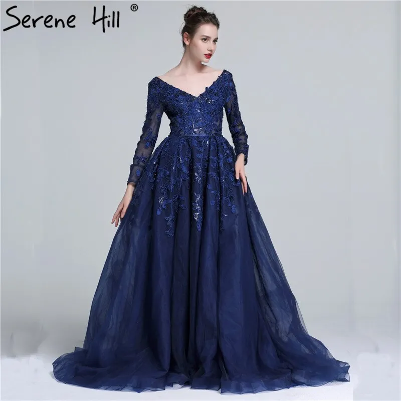 Diynav 2025 Dark Blue Deep-V Tulle Evening Dresses Newest Long Sleeve Appliques Sequined Gowns HZ1017