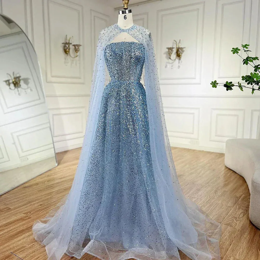 Diynav Arabic Blue Luxury Dubai Evening Gown A-Line Elegant Cape Sleeves Beaded Dress for Women's Party LA72659 Plush HZ1017