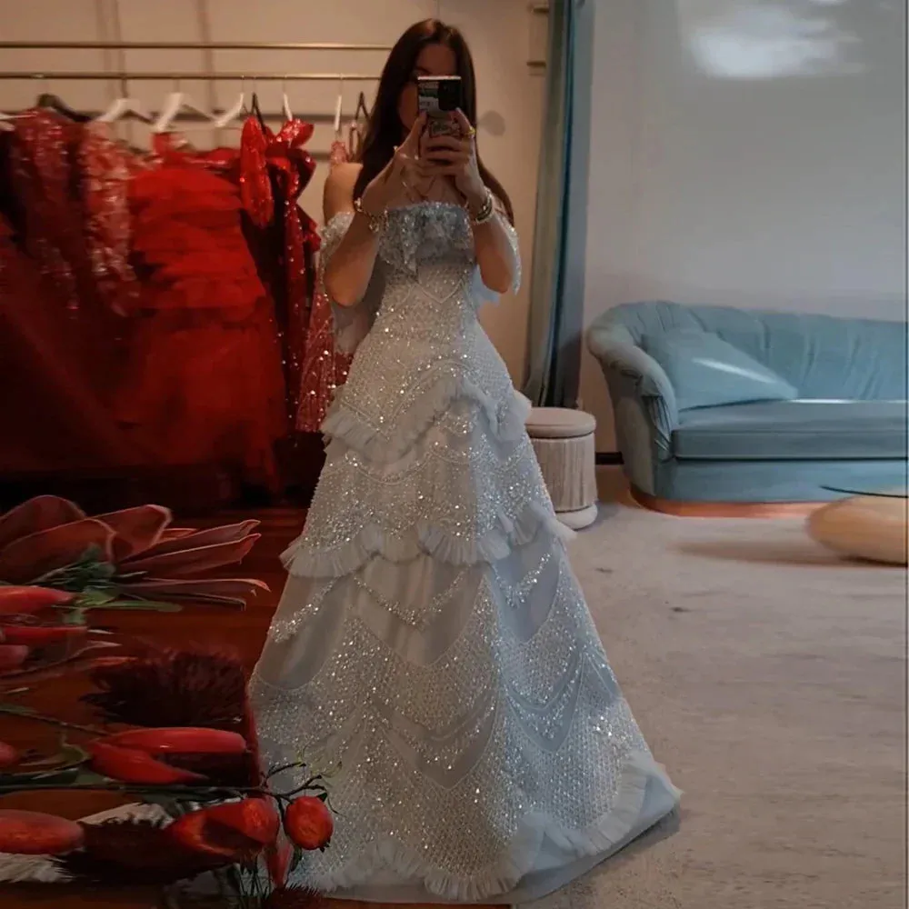 Diynav Silver Gray Off Shoulder Dubai Evening Dress HZ1017