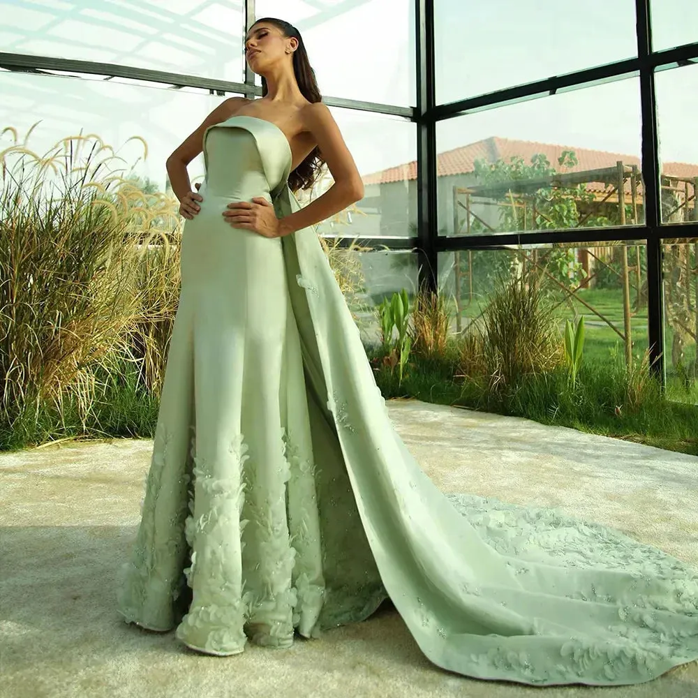 Diynav 3D Leaves Sage Green Dubai Evening Dress with Cape HZ1017