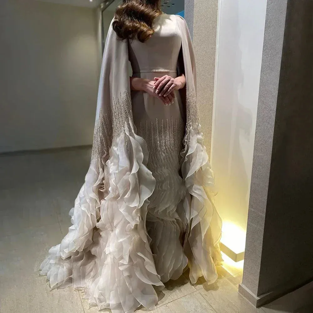 Diynav Mermaid Nude Evening Dresses with Cape Sleeves HZ1017