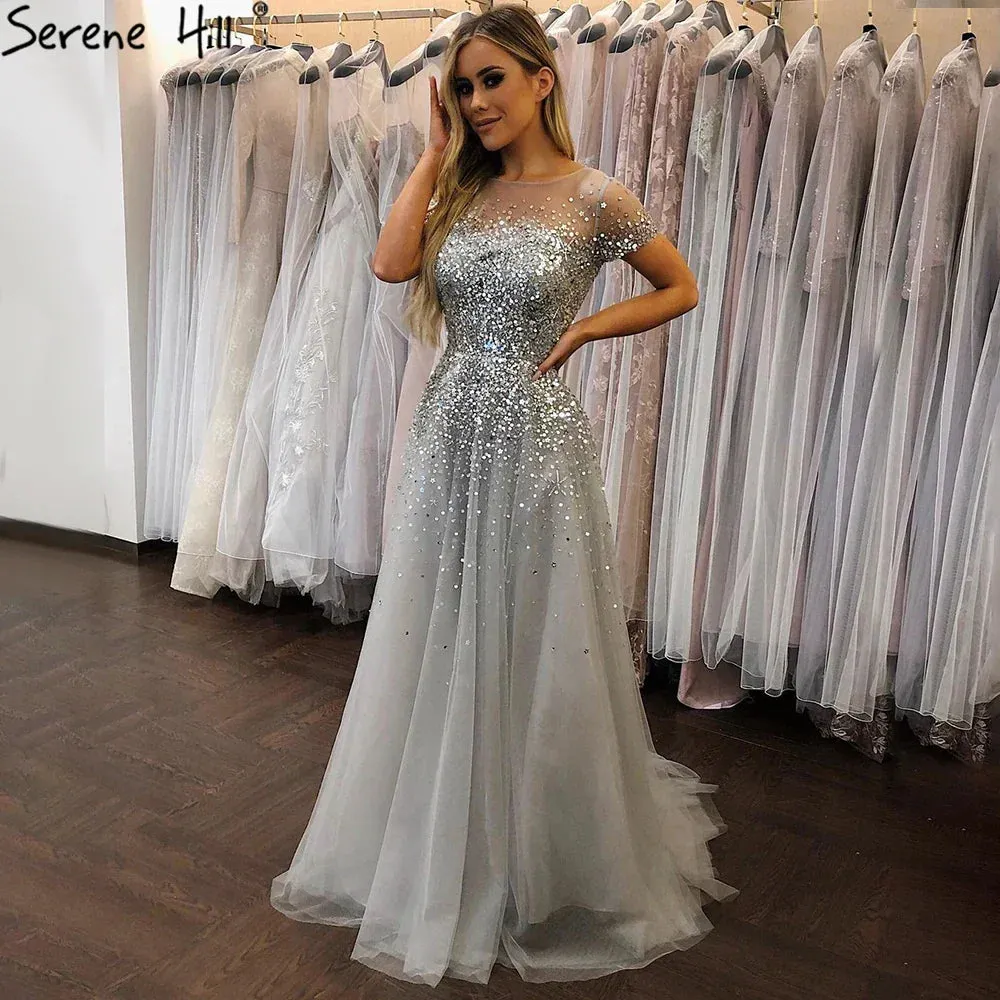 Diynav Sale no return no refund 2025 Grey Luxury A Line Evening Dresses with Short Sleeves and Beaded Elegant Gowns for Women's Party HZ1017