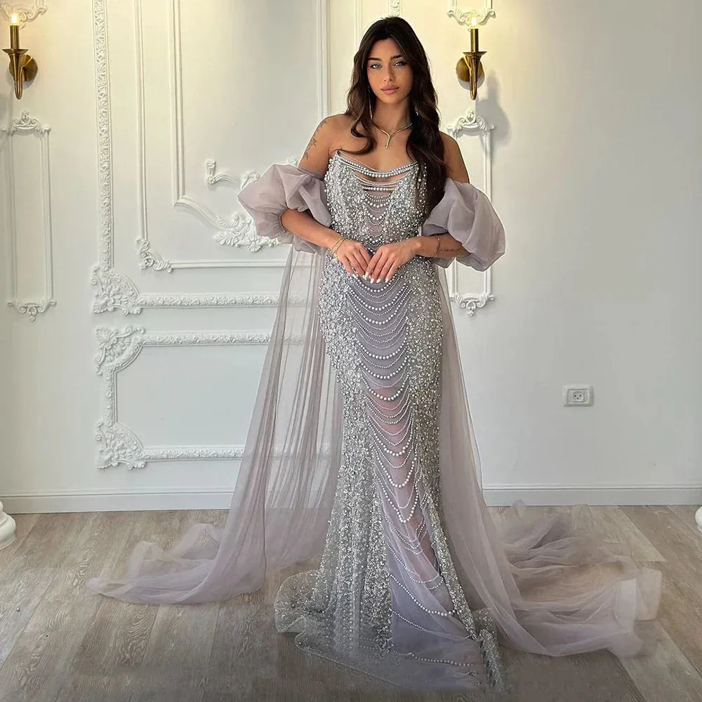 Diynav Vintage Evening Gown Half Puff Sleeve Dress with Beaded Pearl Cape Jacket HZ1017