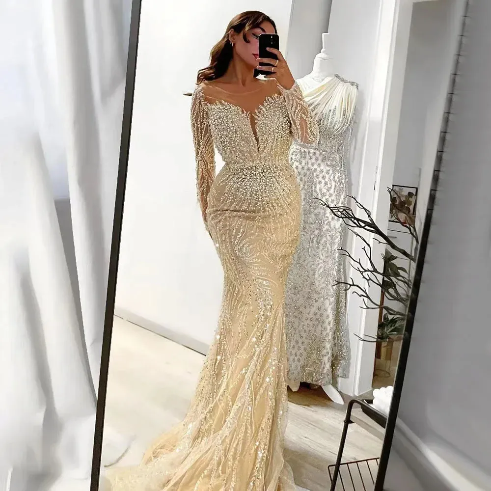 Diynav Dubai White Nude Mermaid Evening Dresses Long Sleeve HZ1017